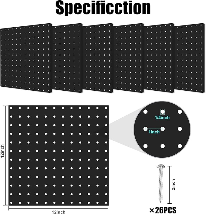 Peg Board, 6 Pack 12"x12" Black Metal Pegboard Panels Pegboards Wall Organizer with Bent Frame Large Heavy Duty Peg Board for