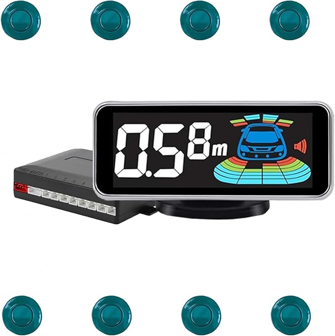 Backup Parktronic System Car Auto Vehicle Reverse with 8 Parking Sensors kit, LCD Display, Distance Detection (Meter/Foot Switchable), Buzzer Alarm and Voice Prompt Function（Green