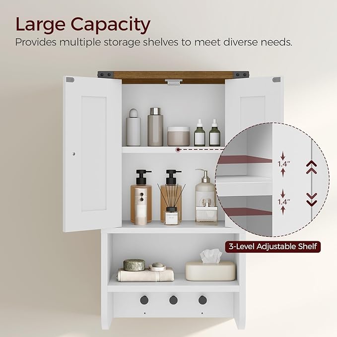 MAHANCRIS Bathroom Wall Cabinet, Farmhouse Medicine Cabinet with Adjustable Shelf, 3-Tier Wall-Mounted Storage Cabinet with 3