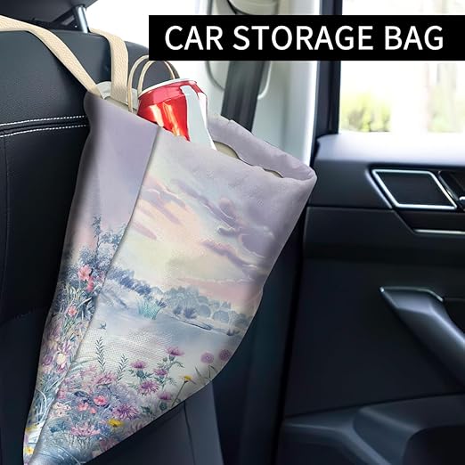 Car Trash Can, Cute Car Trash Bag, Hanging Car Organizer and Storage Bag, Trash Bin for Car Accessories, Vehicle, Travelling, Camping Watercolor Purple Flower
