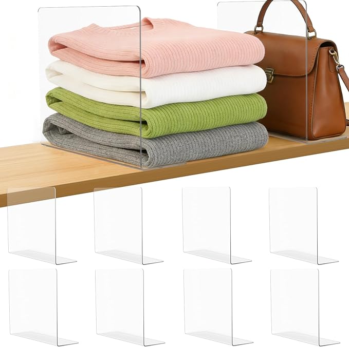 Shelf Dividers for Closet Organization: 10" Tall x 12" Deep Acrylic Closet Shelf Dividers for Clothes Sweater Purse - Clear O