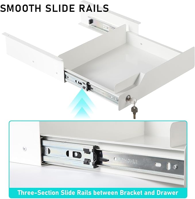 Under Desk Drawer Storage with Lock, 16"x11.8"x3.6", Metal Undermount Table Drawer, Ball Bearing Slides Out Tray Organizer fo