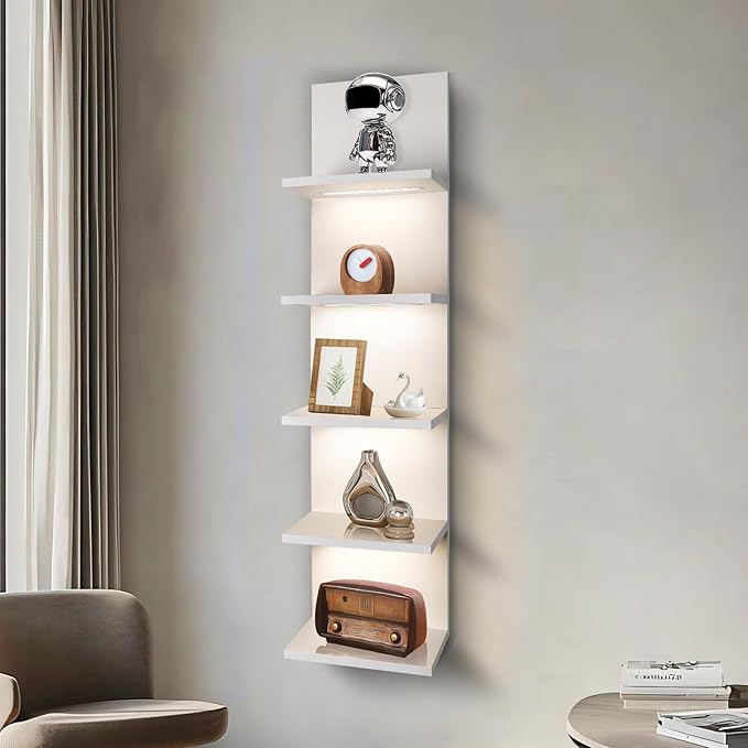 5 Tier Wall Shelf Unit, White Shelves,Lack Shelf, Wall Shelves for Bedroom，Office,Bathroom, Vanity Shelves with LED Light