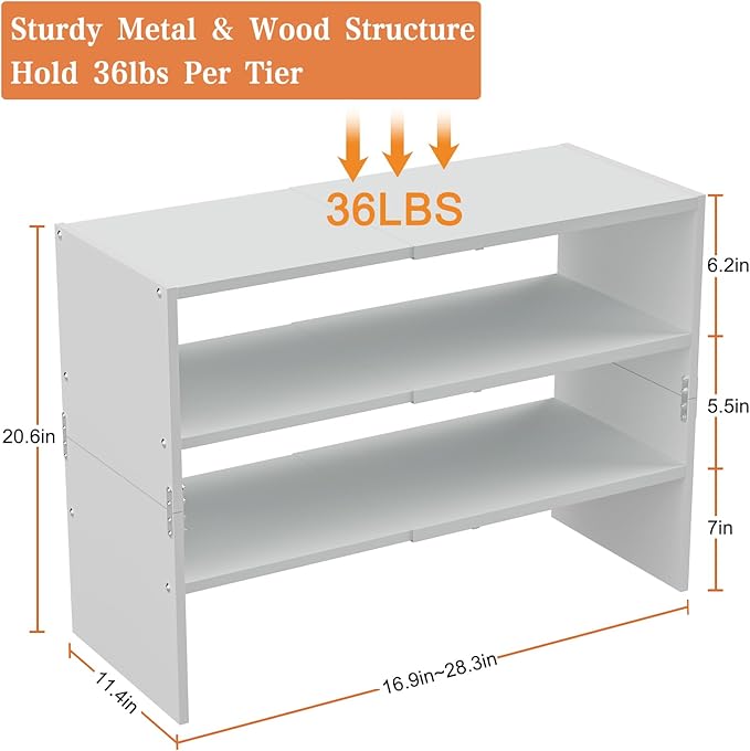 White Shoe Rack Organizer for Closet, 3-Tier Expandable Shoe Shelf, Stackable Iron Wood Combination Shoe Racks Shelves for Cl
