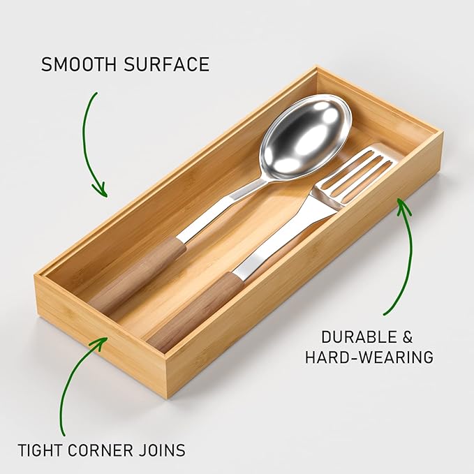 VeyFey Bamboo Drawer Organizer, Stackable Utensil Organizer for Kitchen, Bamboo Storage Box Wood Silverware Tray for Drawer 1