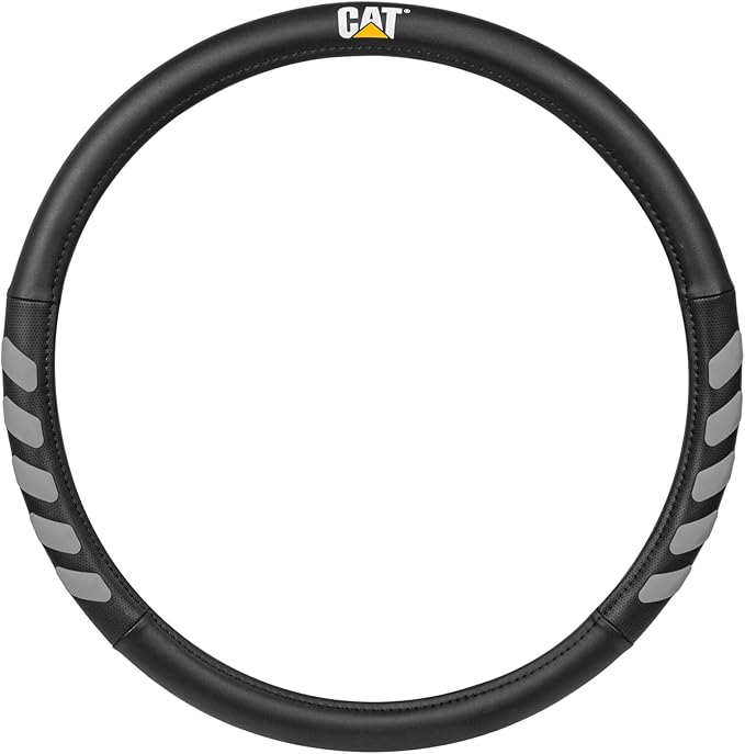 Caterpillar 18" Steering Wheel Cover for Semi Trucks - Black with Grey Trim, Synthetic Leather, Odorless and Durable for All Seasons - Bundle with Air Freshener