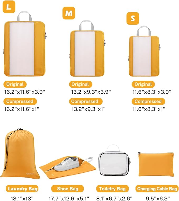 Gonex 8 Set Expandable Mesh Packing Cubes for Travel - Compression Packing Organizers with Toiletry, Laundry, Shoe & Cable Ba