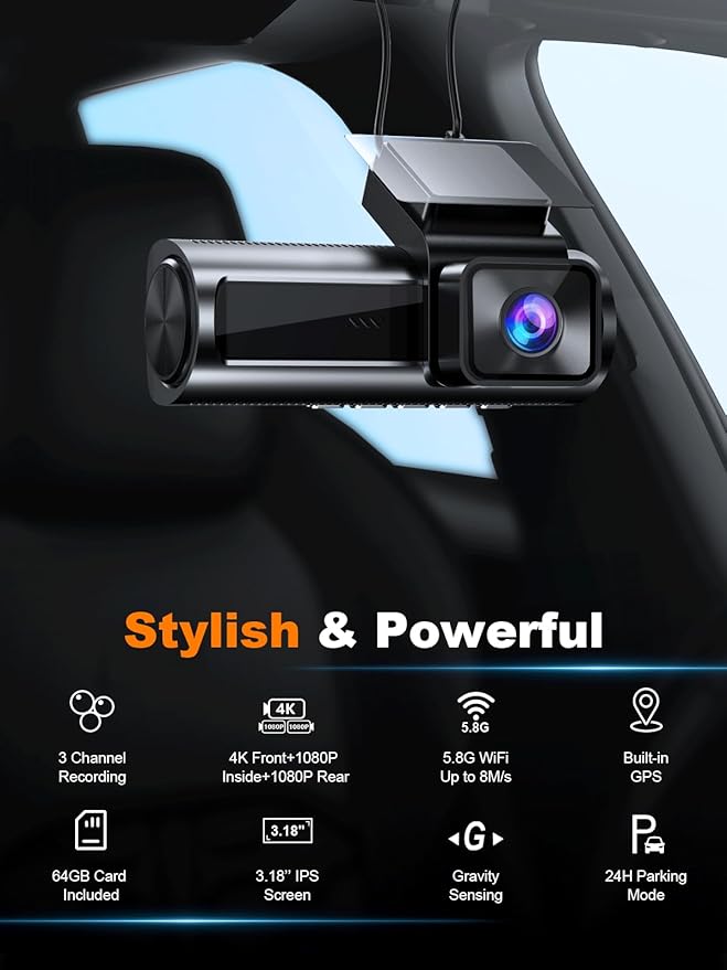 4K 3 Channel Dash Cam Front and Rear Inside, Built-in 5.8GHz WiFi GPS, 64GB Card Included, 4K+1080P+1080P Dash Camera for Car