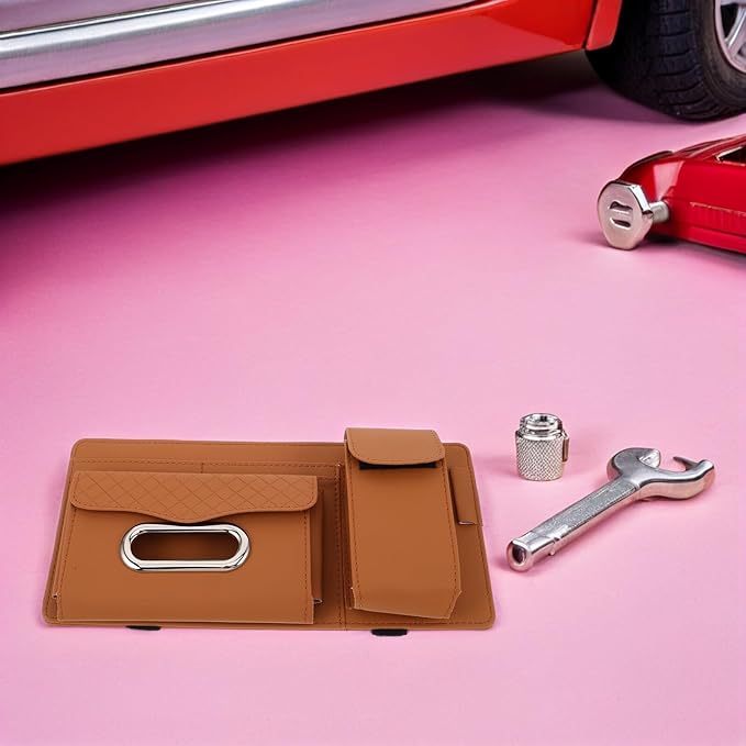 NUOBESTY Car Visor Organizer Clip with Pu Leather Tissue Holder and Sunglasses Case, Vehicle-Mounted Sun Visor Accessory for Travel and Commuting, Multifunctional Interior Pocket in Brown