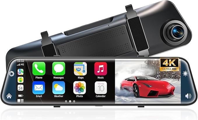 4K Rear View Mirror Camera with Carplay&Android Auto,12" Mirror Dash Cam Front and Rear with Voice Control for Cars&Trucks,Sm