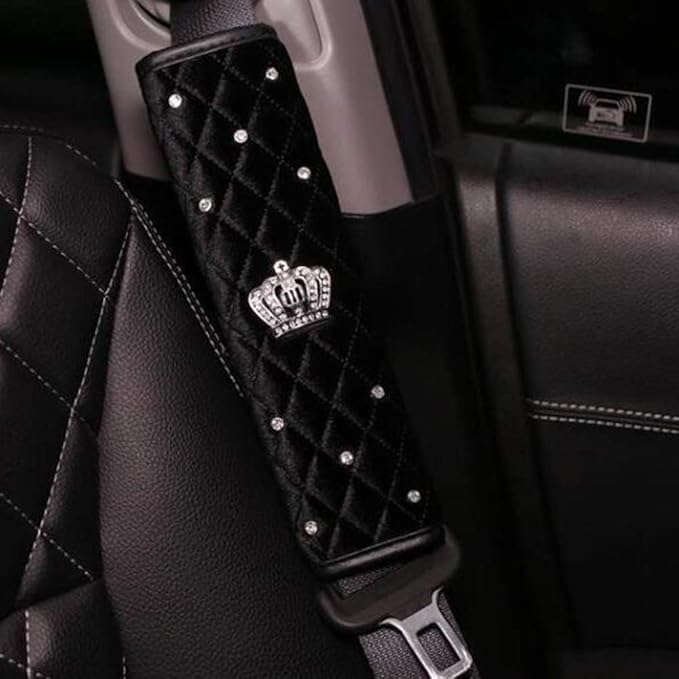 2 Pcs Plush Car Seat Belt Cover Shoulder Pad with Rhinestone Crown - Black