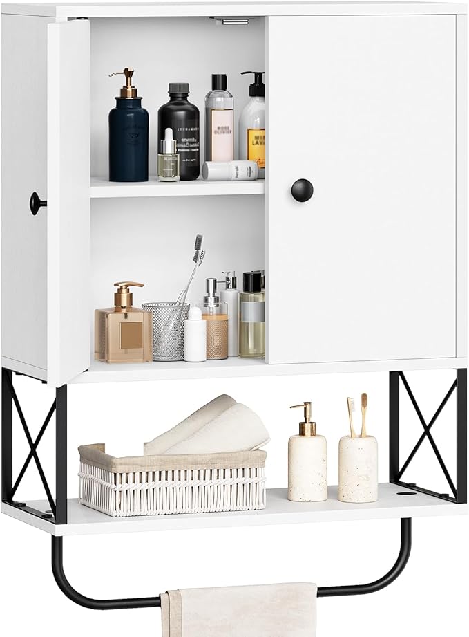 MAHANCRIS Bathroom Wall Cabinet with 2 Door and Adjustable Shelf, Farmhouse Medicine Cabinet with Towel Rack, 3-Tier Wall Mou