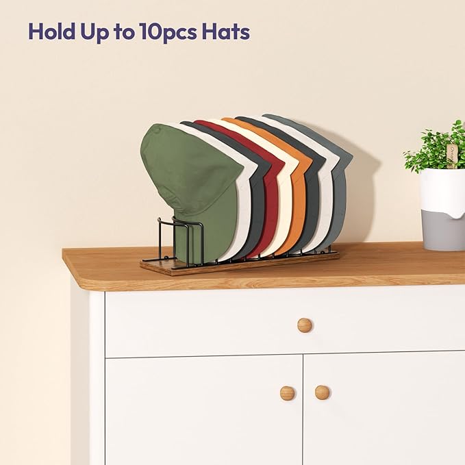 SWTYMIKI Hat Stand for Baseball Caps - Wood & Metal Tabletop Hat Organizer Storage Display Rack, Holds up to 10 Caps for Desk