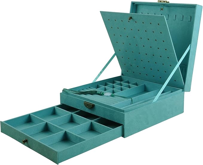 Women Jewelry Box Lockable 3 Layers Large Jewelry Organizer Storage Case for Earrings Necklaces Rings Bracelets,Green Display