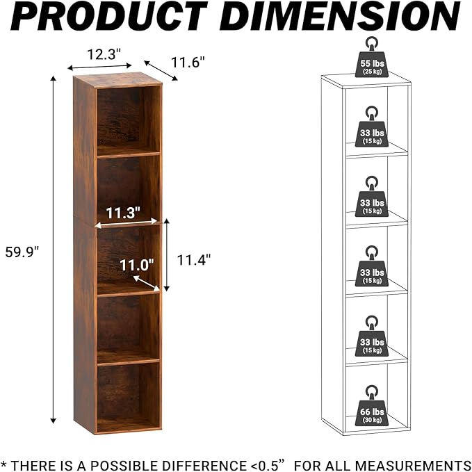 Cube Storage Organizer, 5 Cube Retro Bookshelf, Freestanding 5 Tier Open Shelf, Rustic Brown Retro Shelves for Home Office, B