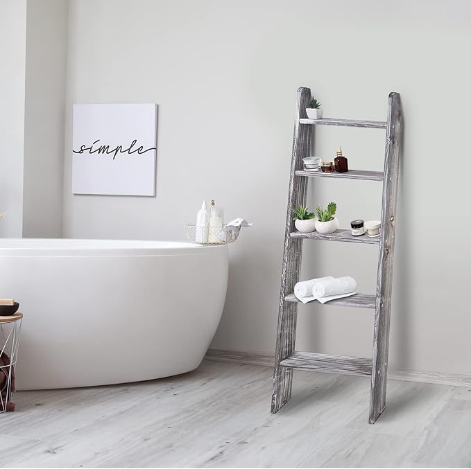 Rustic 5-Tier Wall-Leaning Wood Loadder Towel Racks for Bathroom Livingroom Kithen Office Woden Farmhouse Ladder-Style Blanke