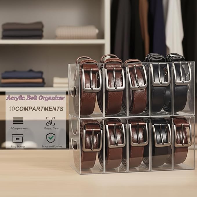 Belt Organizer 2pack,Acrylic Belt Organizer for Closet with Removable Dividers - 5 Compartments & Handles Drawer organization