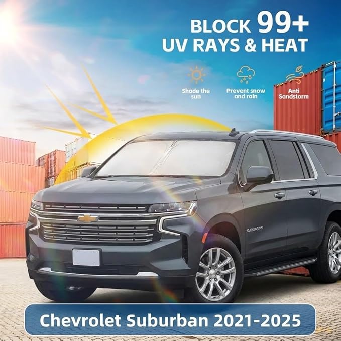 Windshield Sun Shade for Chevy/Chevrolet Suburban 2021-2024 2025 2026 Sunshade Front Window Shade Custom Fit Suburban Accessories Sun Visor Foldable Shade Blocks UV Rays Accessories