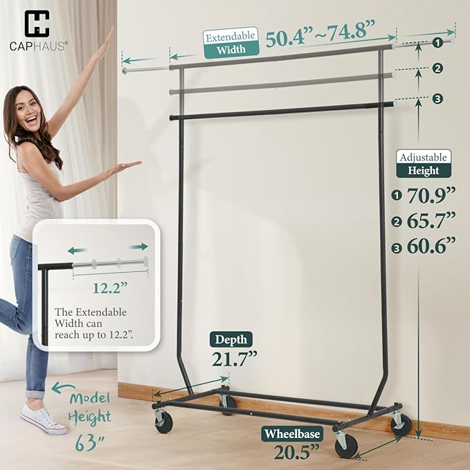 CAPHAUS Heavy Duty Clothes Rack, 220LBS Capacity Rolling Clothing Rack for Hanging Clothes, Adjustable Metal Wardrobe Rack, P