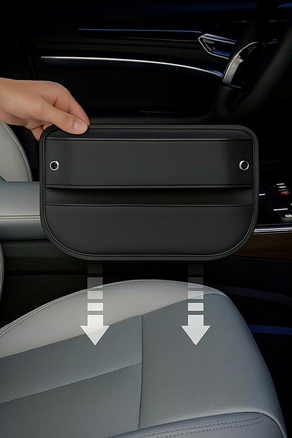 AC4®️ Universal Car Seat Gap Filler Organizer | Premium PU Leather Storage for Car, SUV & Trucks | Car Pocket Organizer for front seat, Cable Slots, Wallet, Sunglasses & Essentials.