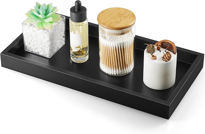 ALELION 13" Bathroom Vanity Tray for Counter - Black Wood Tray for Toilet Tank Makeup Perfume Jewelry Catchall Coffee Table -