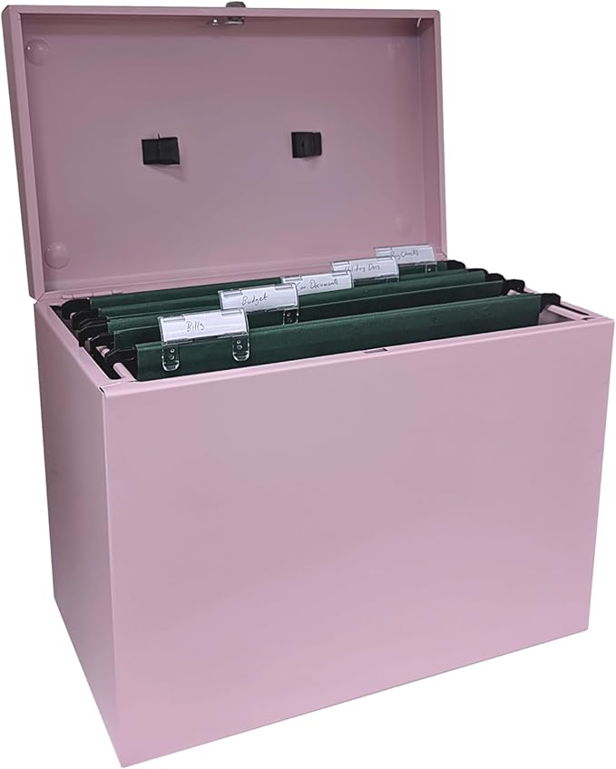 Cathedral Products A4 Steel File Box with Starter Pack of 5 Suspension Files - Pastel Pink