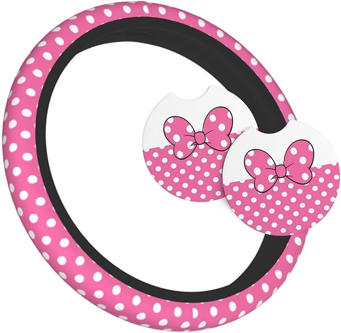 Cute Pink White Polka Dot Steering Wheel Cover for Women, Universal Fit 14-15 inch,Automotive Interior Accessories Decorative