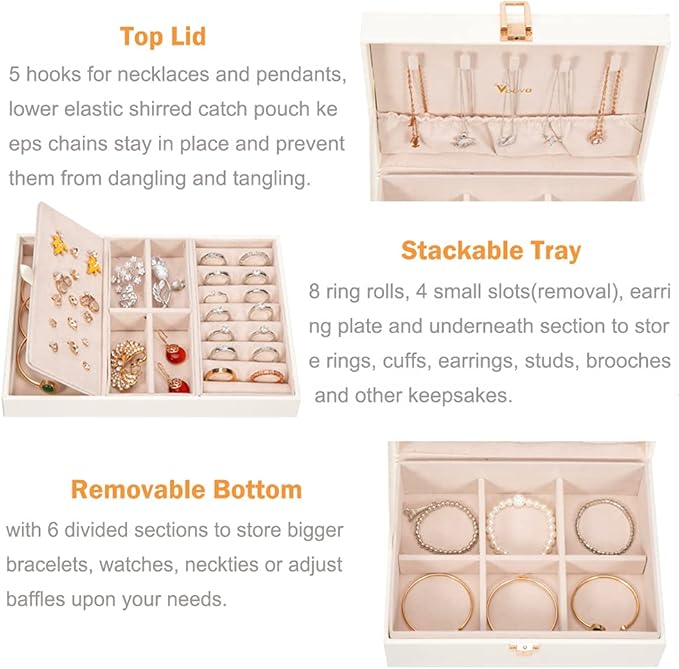 Voova Jewelry Box Organizer for Women Girls, 2 Layer Large Men Jewelry Storage Case, PU Leather Display Jewellery Holder with