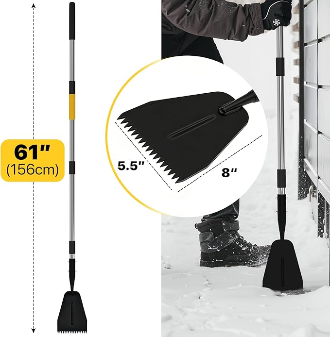 Ice Scraper for Driveway, Saw-Tooth Ice Chopper for Driveway, Heavy Duty Jagged Scraper with 61 Inch Long Handle, All Steel Thick Blade Snow Breaking Ice Remover Tool for Sidewalk, Walkway, Roads