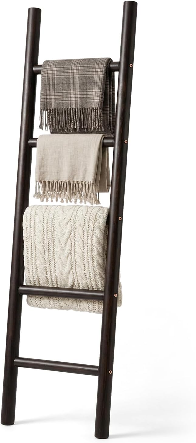 Wooden Blanket Ladder - 57in Natural & Motley Wood - Leaning Wall Decor for Bedroom, Bathroom, Living Room - Rustic Quilt Hol
