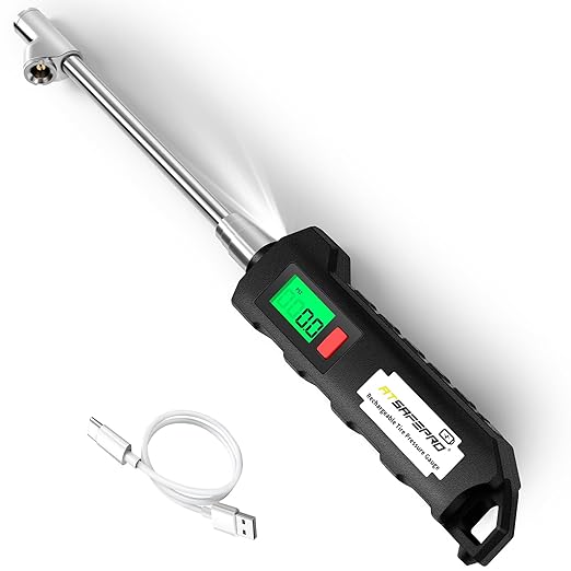 ATsafepro Chrome Plated Steel Dual Head Tire Inflator - 150 PSI, Backlight LCD & Flashlight, Rechargeable for Semi, Truck, RV & Cars