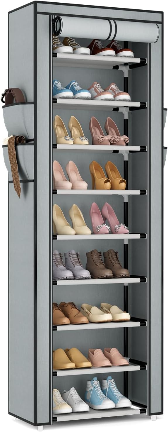 VILICK Shoe Rack with Cover Narrow Shoe Rack Organizer with 4 Side Pockets 10 Tier Tall Shoe Storage Shoe Shelf Holds 18-22 P