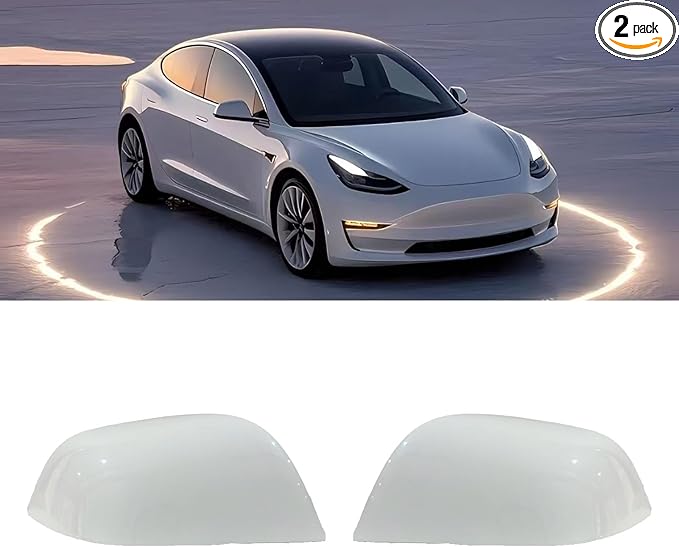 Compatible with Tesla Model 3 Side Mirror Cover Replacement 2017 2018 2019 2020 2021 2022 2023 2024, Left & Right Side Rearview Mirror Cover Cap for Model 3 Accessories(White) 2pcs