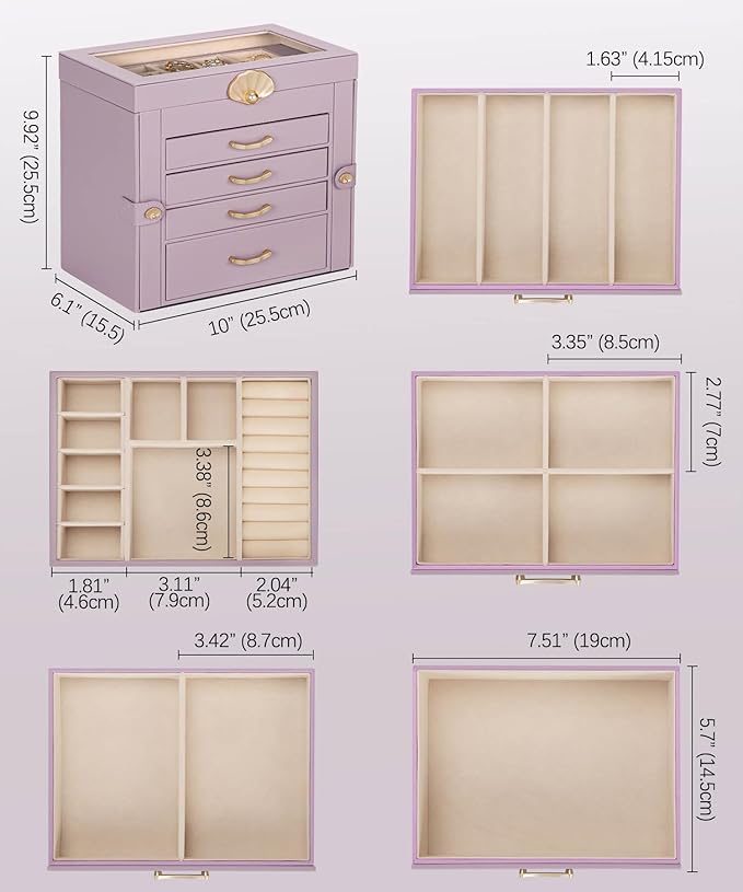 Enthralite Jewelry Box with 4 Drawers: Display Organizer for Earrings Necklaces - Gifts for Girls Women (Grey Purple)