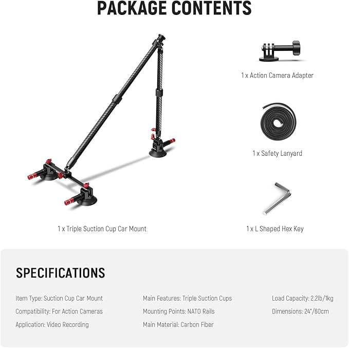 NEEWER Triple Suction Cup Car Mount Kit, Carbon Fiber Camera Mount with Action Camera Adapter, NATO Rail & 24"/60cm Extension Pole Compatible with GoPro Insta360, 2.2lb/1kg Max Load, CA136