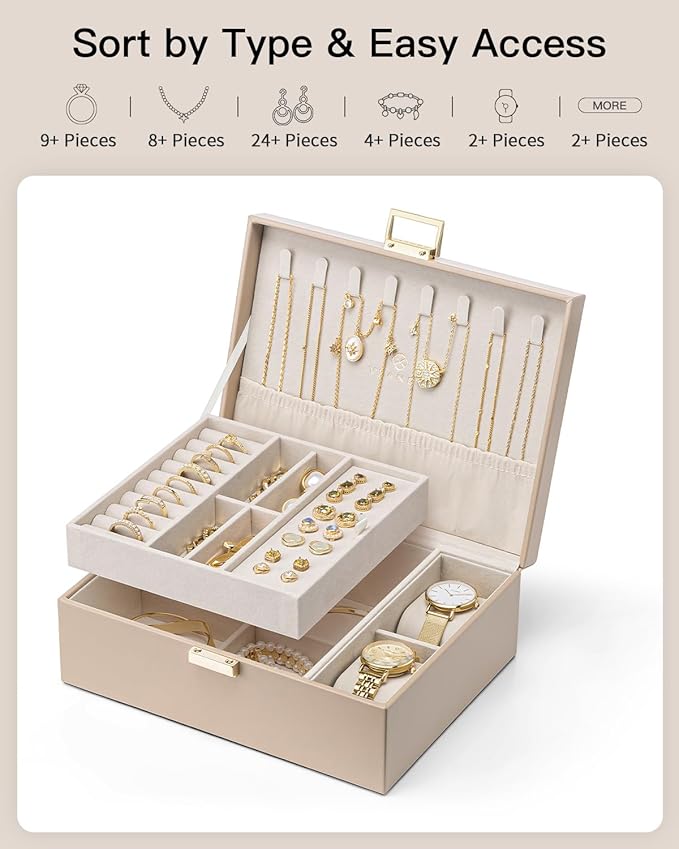 VLANDO Jewelry Organizer,2 Layer Jewelry Box Large Jewelry Organizer for Women Removable Jewelery Tray with Watch Pillow for 