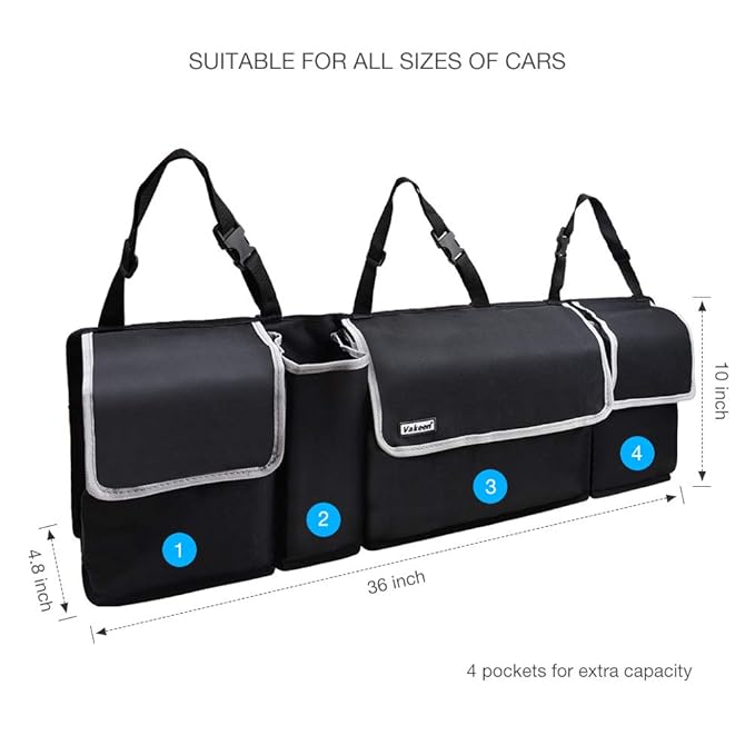 Backseat Trunk Organizer for SUV & Car - Hanging Organizer Foldable Cargo Storage Bag with 4 Pockets Adjustable Strap Durable