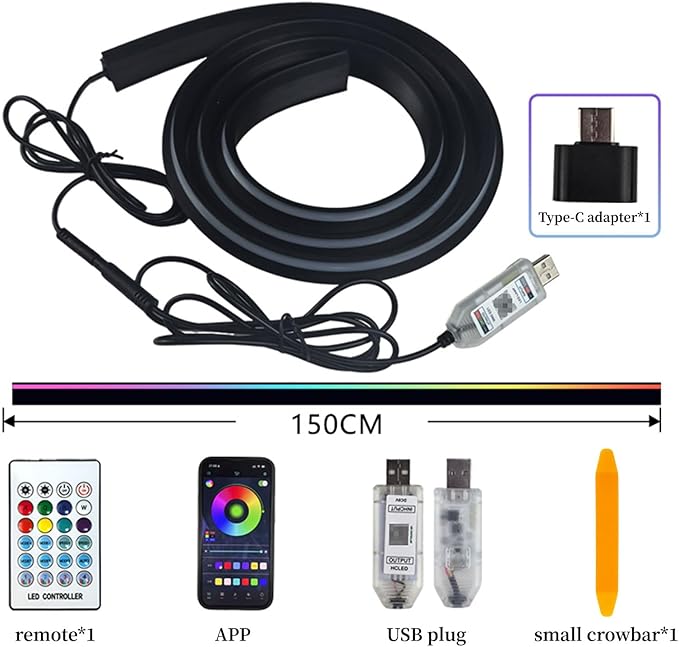 Car Dashboard LED Interior Strip Light,55''USB Powered Acrylic Neon Flexible Strip Fiber Optic LED Ambent Lighting Kits with Remote APP and Type-C Adapter(1 in 1)