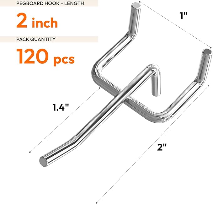 JEAWIWI 120 Pack 2 Inch Metal Pegboard Hooks, Fit 1/4 in and 1/8 in Peg Board Organizer Accessories, for Hanging Storage, Gar