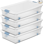 Sterilite 4-Pack 56 Quart Wheeled Latching Box, Underbed Clear Plastic Storage Organizer - Under Bed Rolling Container Bin wi