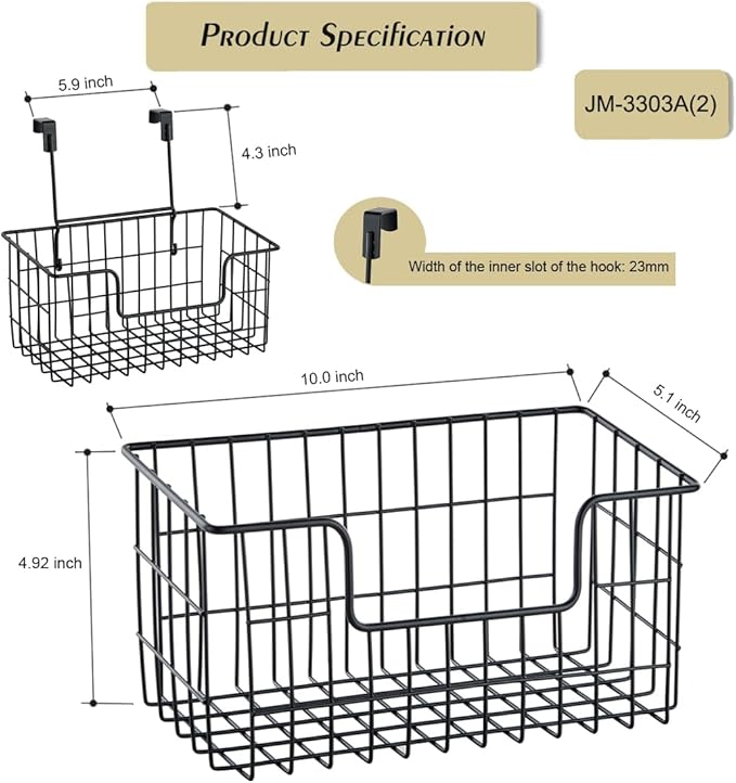 JUNCHU CHERRY Wire Storage Basket 2 Packs, Wall Mounted Kitchen Bathroom, Hanging Cabinet Door Storage Basket, no Drilling, S