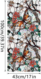 Retro Flower Window Privacy Film,Stained Glass Decals Floral Butterfly Privacy Rainbow Decals Living Room Sun Blocking Decor Removable Static Cling Stickers,16.93x39.37inch