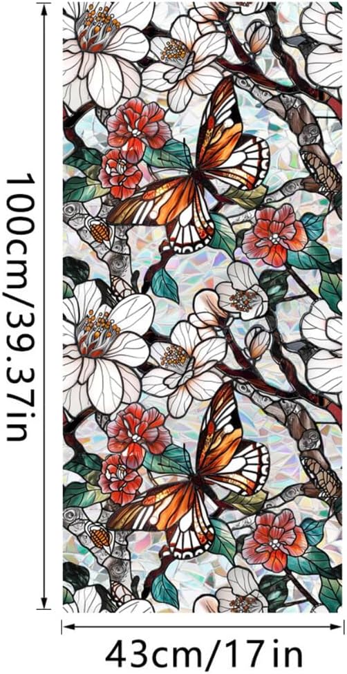 Retro Flower Window Privacy Film,Stained Glass Decals Floral Butterfly Privacy Rainbow Decals Living Room Sun Blocking Decor Removable Static Cling Stickers,16.93x39.37inch