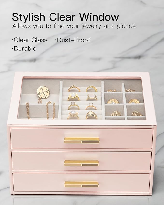 VLANDO Jewelry Box for Women, Glass Lid Jewelry Organizer with 3 Drawers for Necklaces Rings Earrings Bracelets Mother Day Gi
