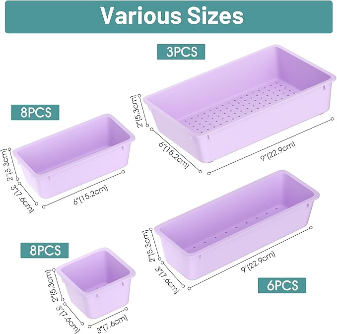 WOWBOX 25 PCS Plastic Drawer Organizer Set, 4 Sizes Desk Drawer Divider Organizers and Storage Bins for Makeup, Jewelry, Gadg