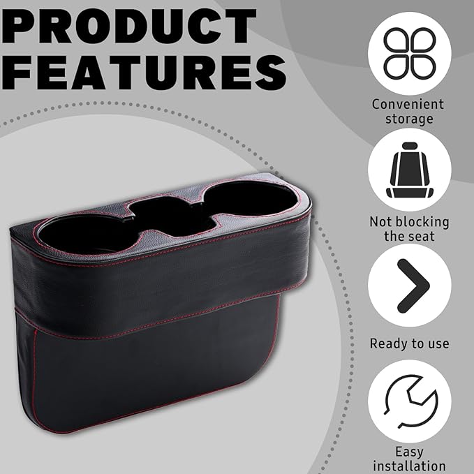 Car Cup Holder, Auto Front Seat Gap Interior Drink Organizer, Multifunctional Cup Drink Holders with PU Leather Cover, Gap Filler Storage Box Coin Bucket Console Side Pocket Key Wallet Holder (Black)