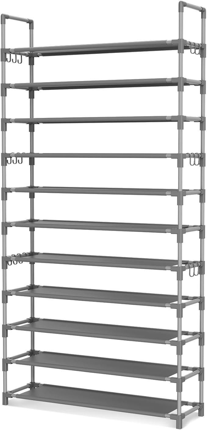LANTEFUL 11 Tiers Tall Shoe Rack Holds 55 Pairs of Shoes with 18pcs Hooks Sturdy Wide Shoe Organizer Storage Free Standing Me