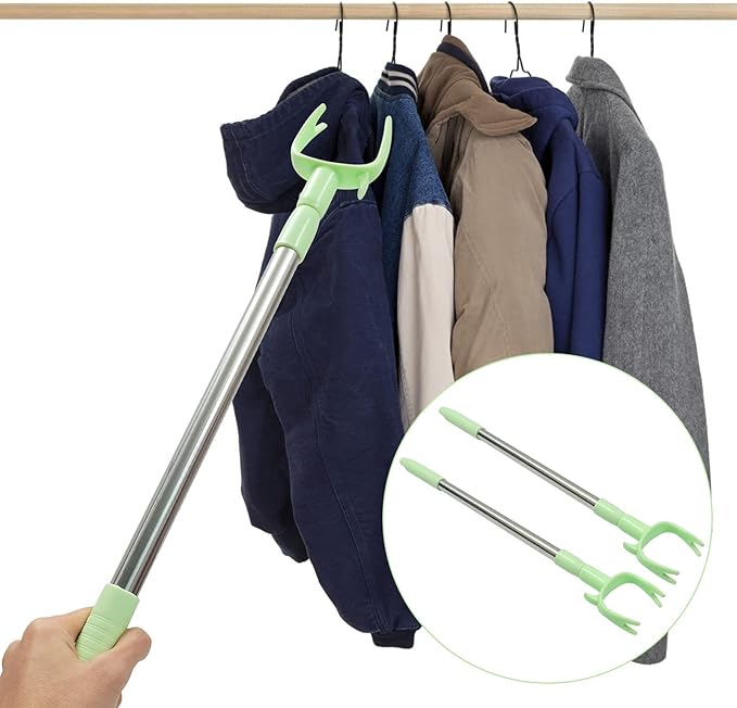 2pcs Closet Pole with Hook Telescoping Long Reach Stick Stainless Steel Clothing Hanger Garment Pole for Closet Shelf Ceiling