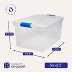 HOMZ 2-Pack Latching Lid, Large Clear Plastic Storage Bins with Lids, 66 Quart, Blue Latch - Stackable Container Boxes for Ho