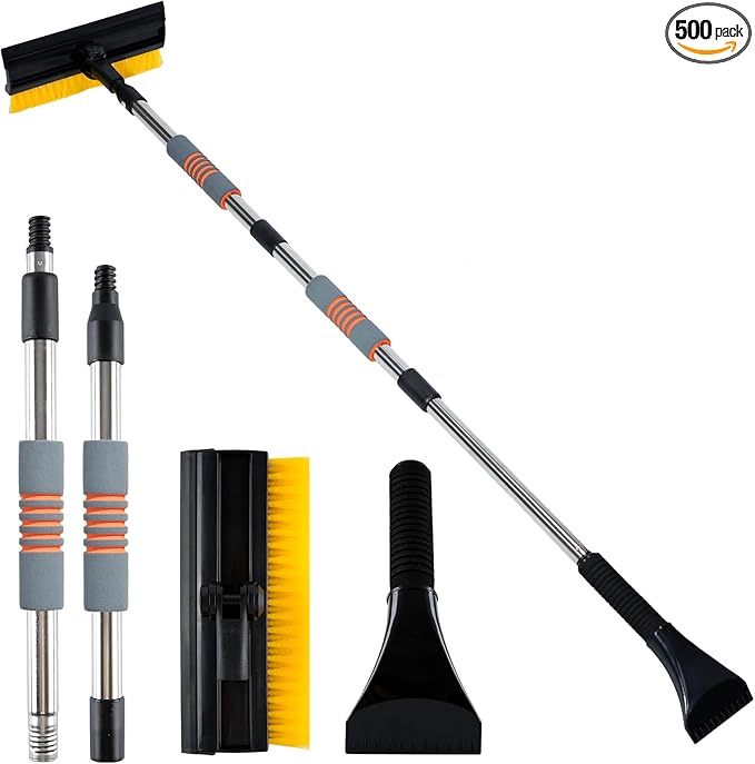53" Extendable Retractable Snow Brush & Ice Scraper for Car SUV Truck - 360° Pivoting Brush Head with Comfort Foam Grip, Windshield Cleaner Tool